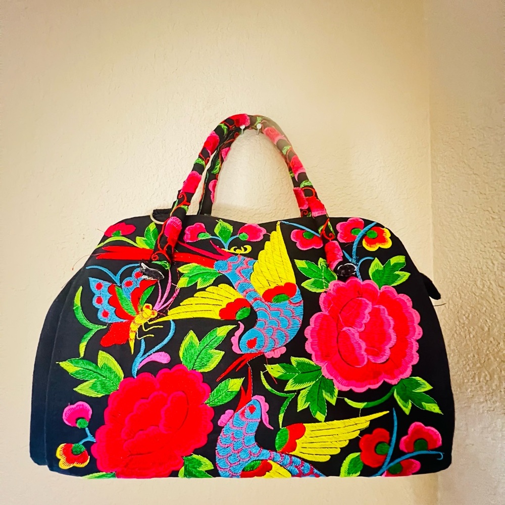 Handmade bag with colorful print flowers and hummingbird beautiful bag